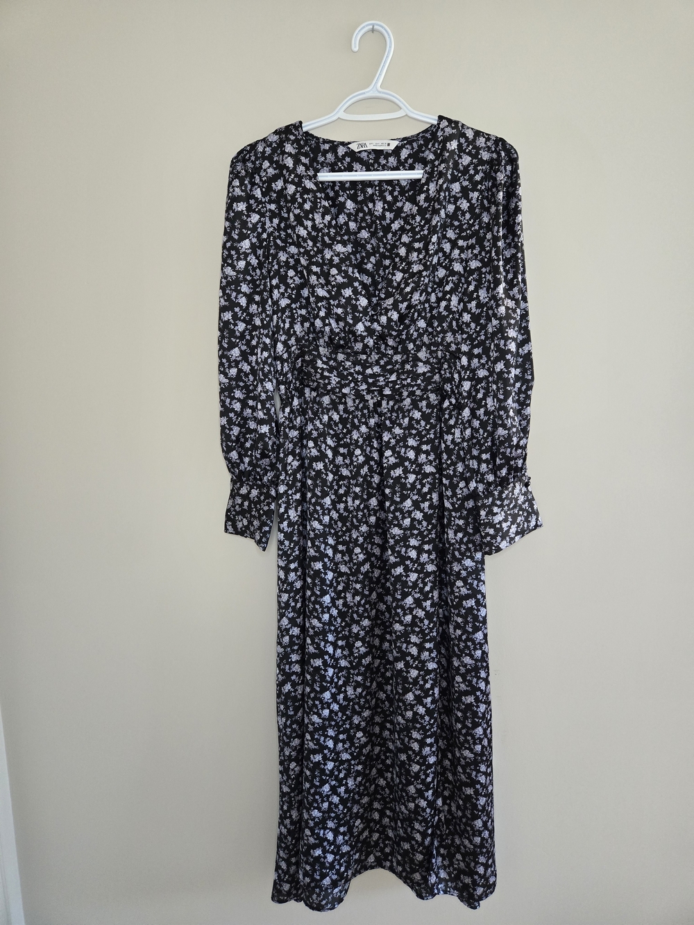 Zara satin black, purple + silver floral midi dress, button detail on bust +cuff